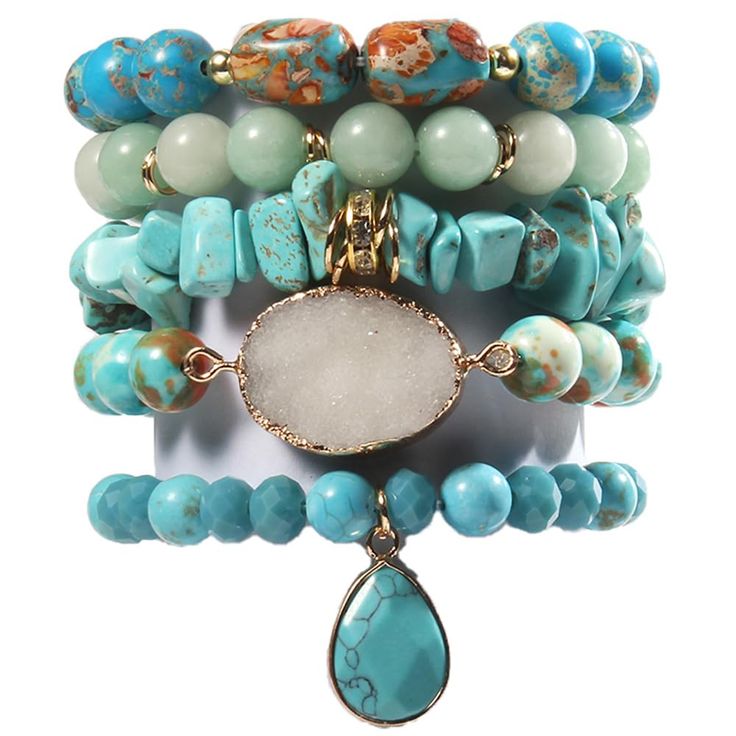 PRICES MAY VARY. [ 5 Pcs Natural Stone Beaded Bracelets Set ]:Made of 100% Natural Stone, Turquoise, Jasper, Agate, Ceramics, High quality beads, Crystal and Gemstone which are high quality materials,Smooth and comfortable. With diamonds decorated, making the bracelet both vintage and fashionable.Bohemian bracelets sets are threaded with strong elastic string. Durable and flexible.With 5 individual single loop bracelets, you can choose to wear one or several to wear. [ Size ]: Made of 10mm and 8 Tourqouis Jewelry, Loop Bracelets, Crystal Bracelets Diy, Boho Beaded Bracelets, Chakras Bracelet, Bracelets Sets, Vintage Turquoise Jewelry, Turquoise Stone Jewelry, Handmade Boho Jewelry