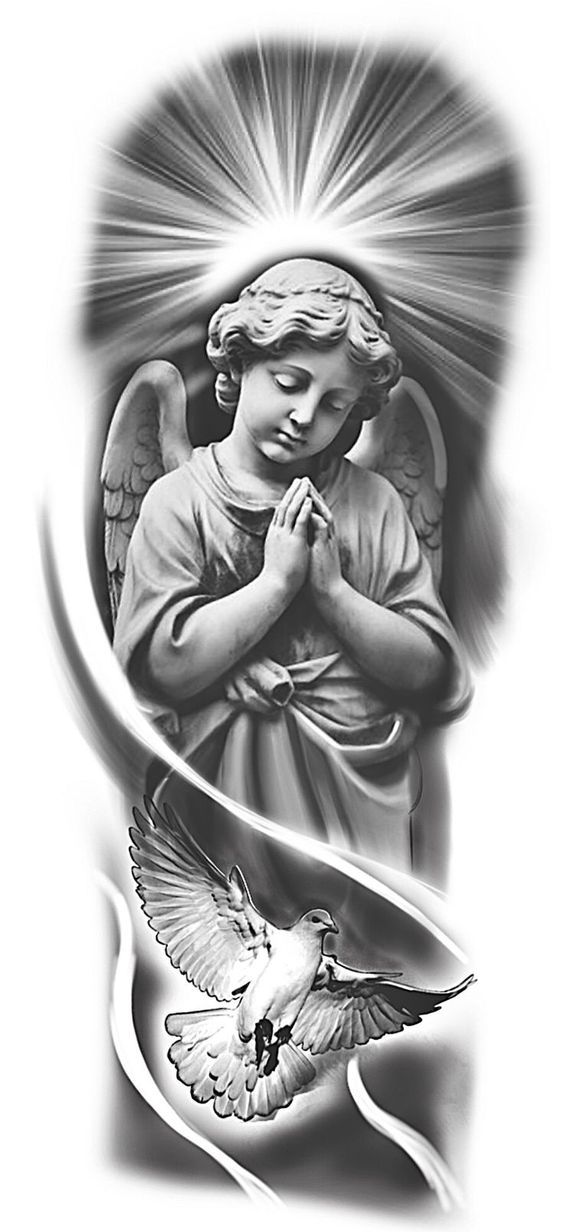 an angel with wings and doves on it's back, in black and white