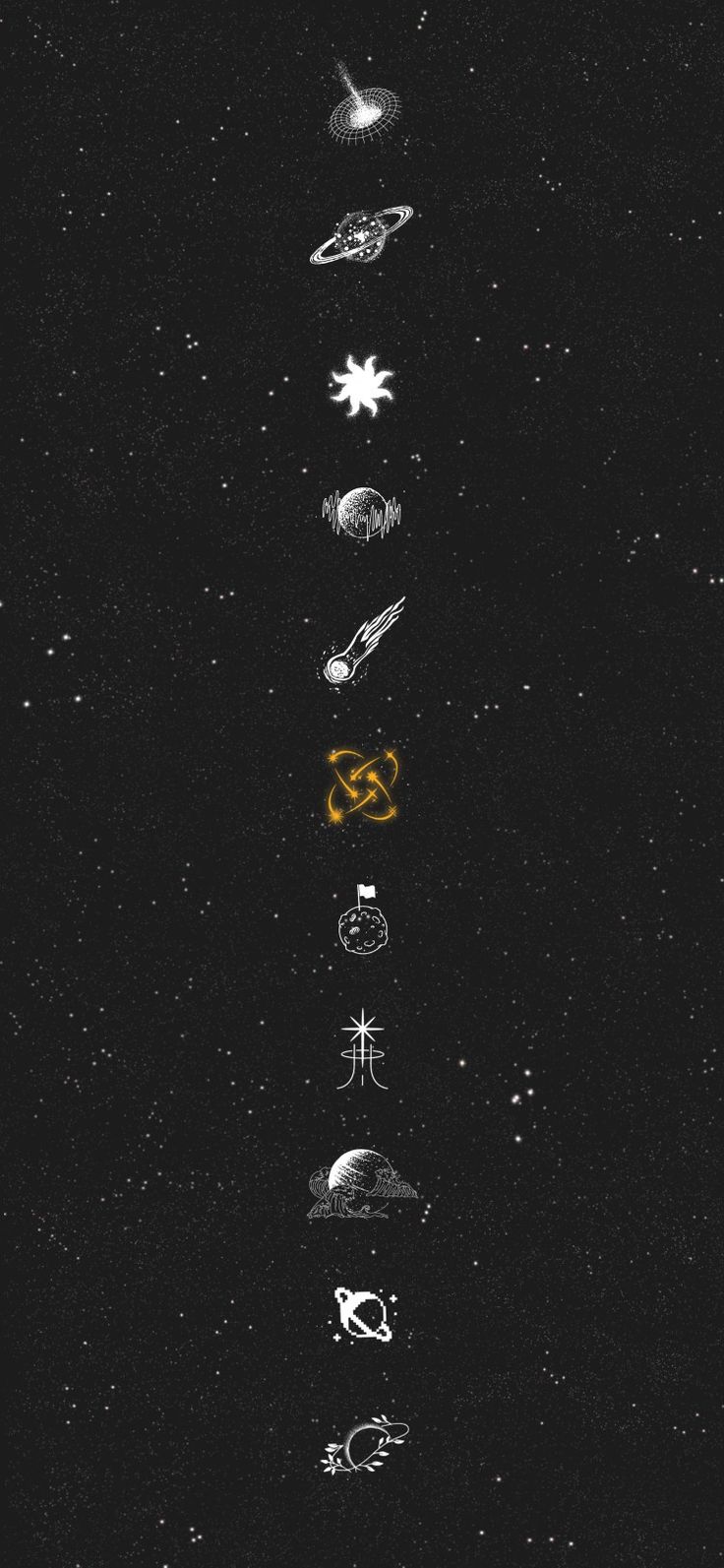 an image of the planets and their names in white ink on black paper with gold lettering