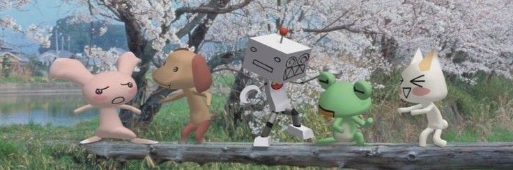 five cartoon characters are walking on a wooden fence in front of some trees and water