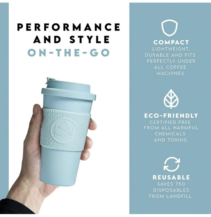 a hand holding a coffee cup with the words performance and style on the go written below it