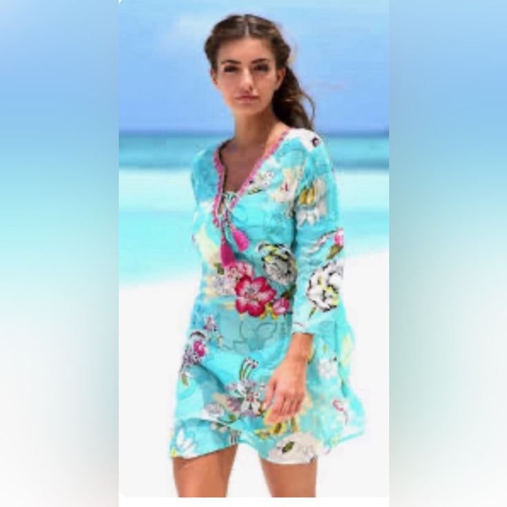 Nwt Debbie Katz Beach Coverup Small So Pretty! Blue Long Sleeve Swimwear For Summer, Blue Beach Dress For Poolside Spring, Blue Beach Dress For Spring, Spring Blue Beach Dress, Blue Spring Beach Dress, Blue Long Sleeve Beach Dress For Beach Party, Casual Floral Print Swimwear For Beach, Casual Blue Beach Dress With Tropical Print, Blue Floral Print Summer Beach Dress