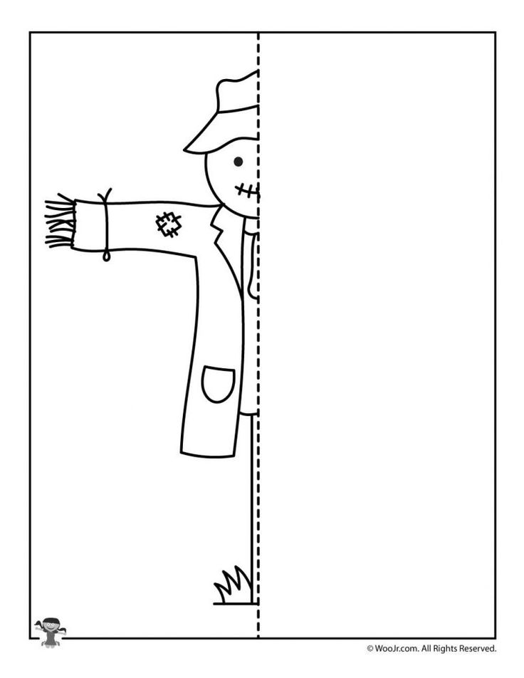 a drawing of a scarecrow peeking out from behind a tall pole with his arms outstretched