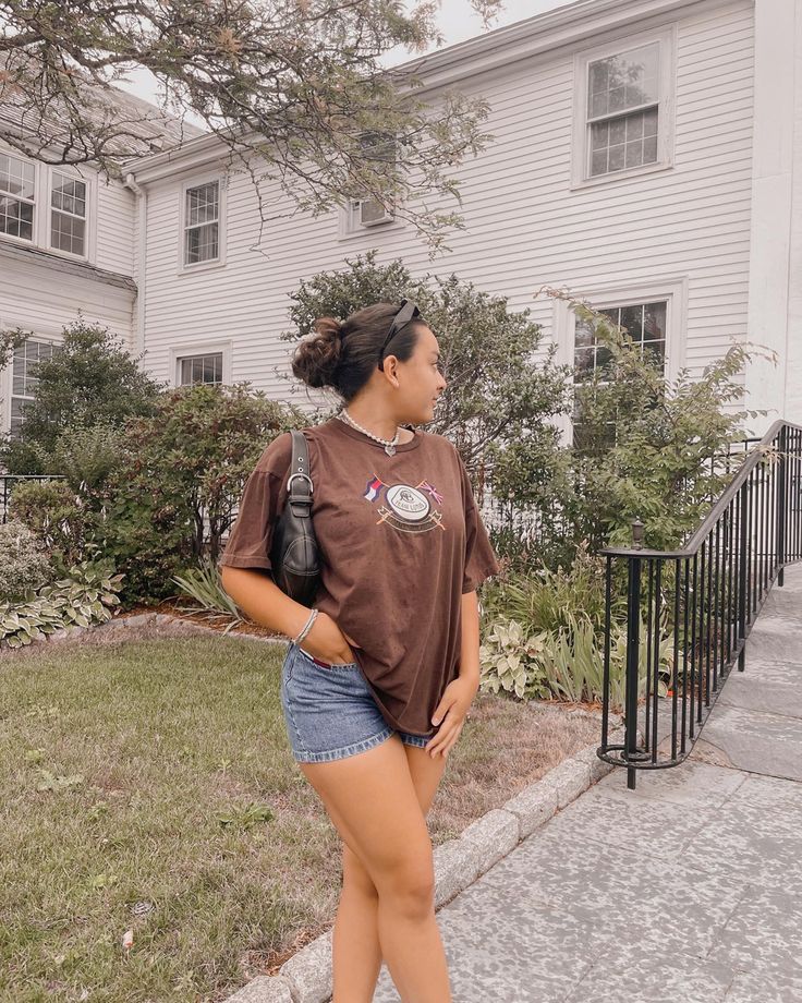 Brown shirt+tommy shorts Big Shirt Shorts Outfit, Brown T Shirt, Comfy Casual Outfits, Big Shirt, Brown Shirt, Brown Tshirt, Tommy Hilfiger Outfit, Shorts Outfit, Brown Shorts