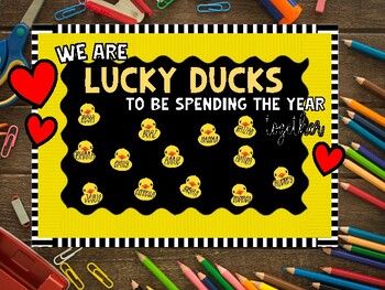 there are many pencils and markers on the table with lucky ducks sticker sheets