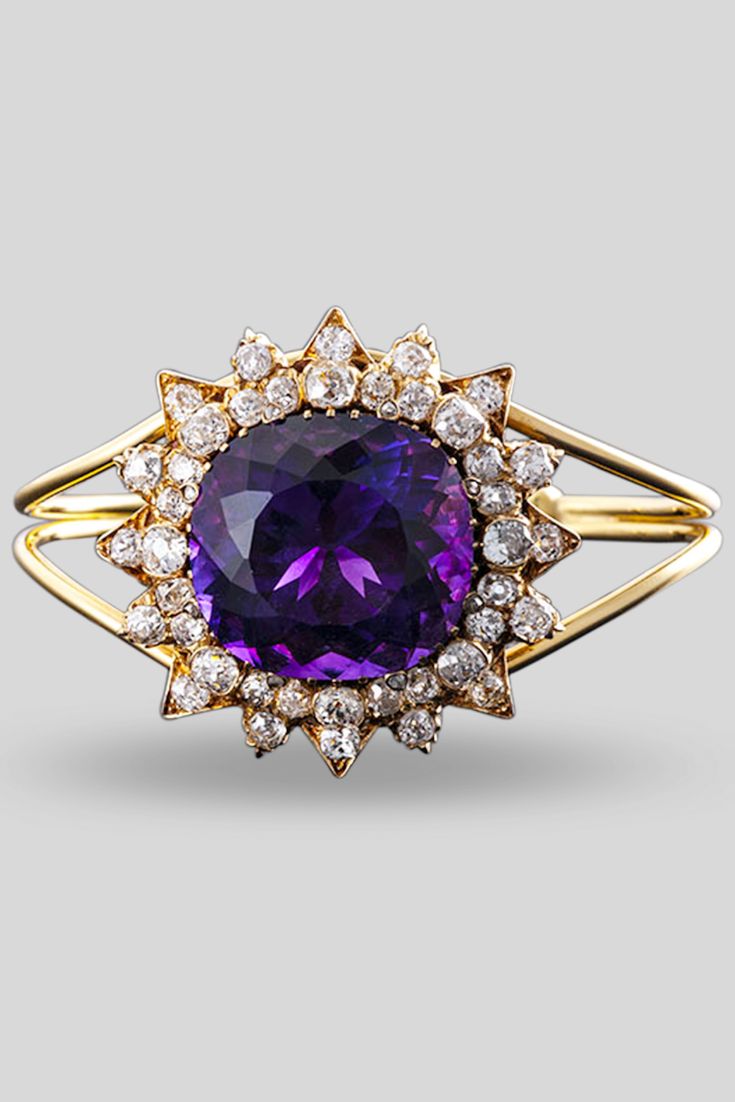 A large, beautiful 50-carat amethyst is the star of this bangle bracelet. The amethyst is joined by approximately 5 carats of diamonds ~ For Sale by M.S. Rau Antiques Luxury Purple Cushion Cut Jewelry, Formal Amethyst Cushion Cut Jewelry, Formal Cushion Cut Amethyst Jewelry, Classic Formal Bangle With Gemstone, Luxury Amethyst Bracelets For Formal Occasions, Purple Gemstone Bangle For Formal Occasions, Formal Purple Gemstone Bangle, Luxury Purple Bracelets For Wedding, Formal Purple Fine Jewelry Bracelet