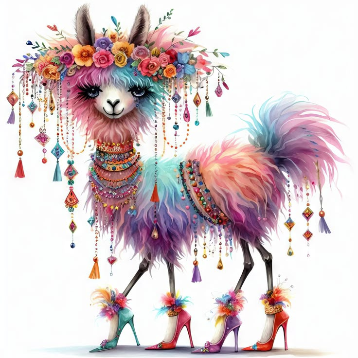 a colorful llama with flowers on it's head and some tassels around its neck