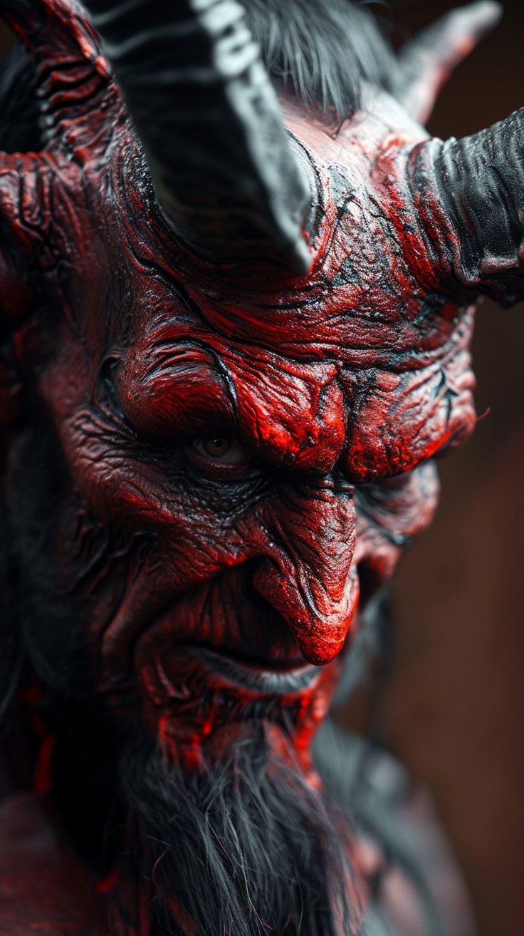 a close up of a demon with horns and blood on it's face, looking at the camera