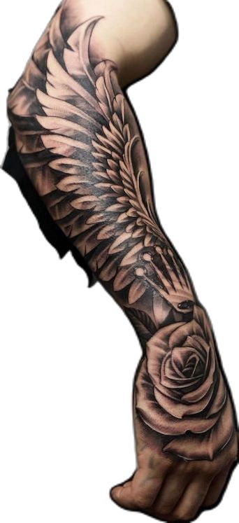 an arm with a rose and wings tattoo on it