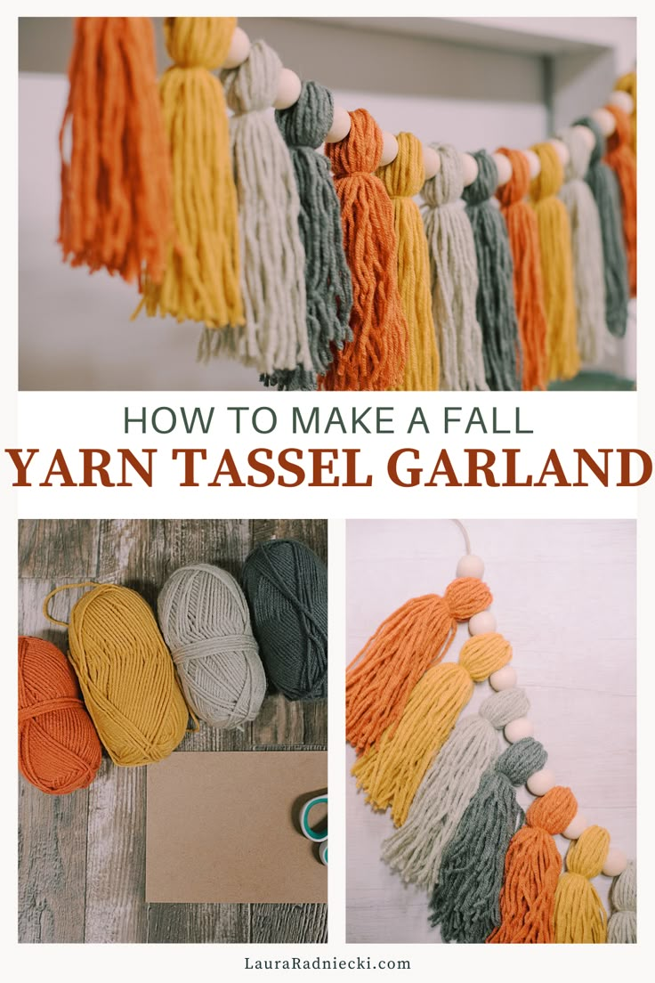 yarn tassel garland with text overlay how to make a fall yarn tassel garland