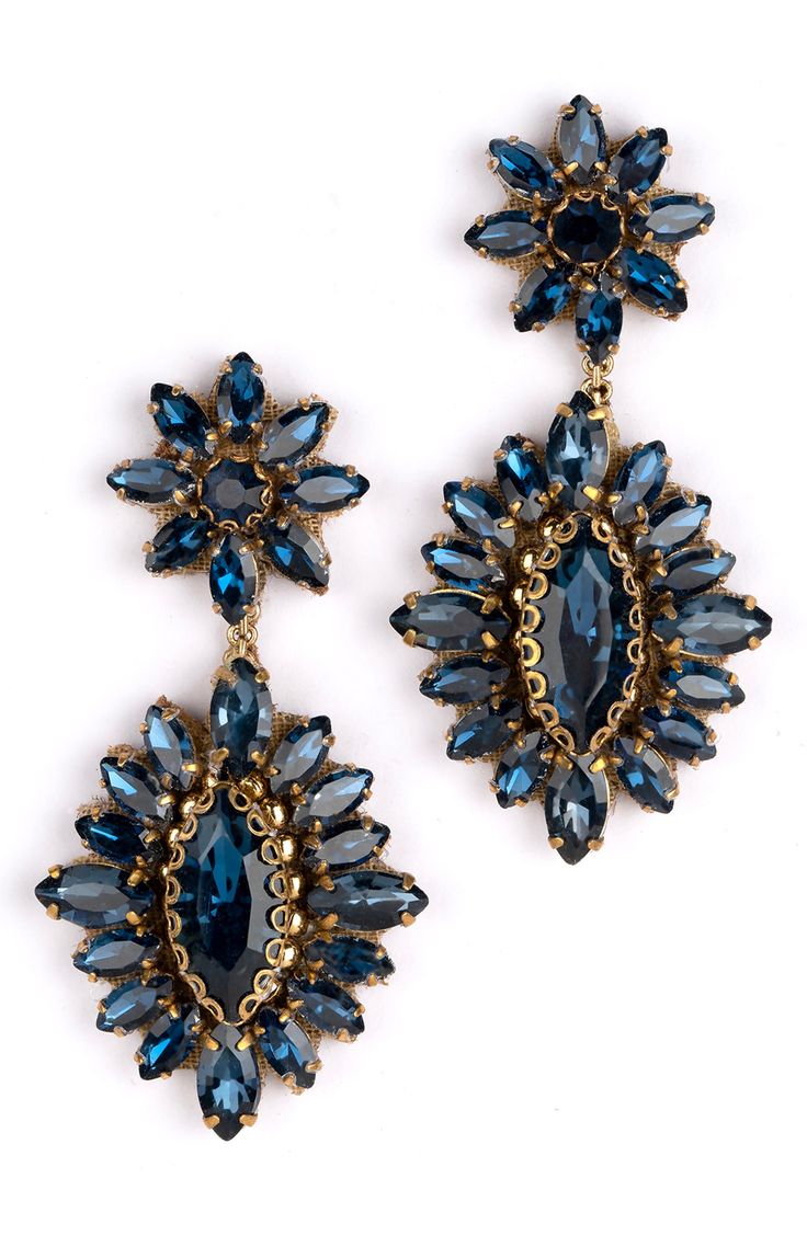 Exude extreme sparkle in these tonal crystal drop earrings anchored by floral clusters sure to make a glamorous statement. 2" drop, 1" width Post back Steel post back Goldtone plate/leather/glass/cotton Imported Deepa Gurnani, Jewelry Accessories Earrings, Steel Post, Stocking Stuffer Gifts, Crystal Drop Earrings, Fabric Gift Bags, Earrings Blue, Crystal Drop, Keep Jewelry