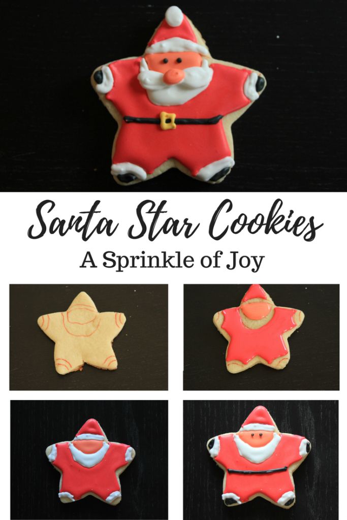 santa star cookies with the words, a sprinkle of joy on top and four pictures