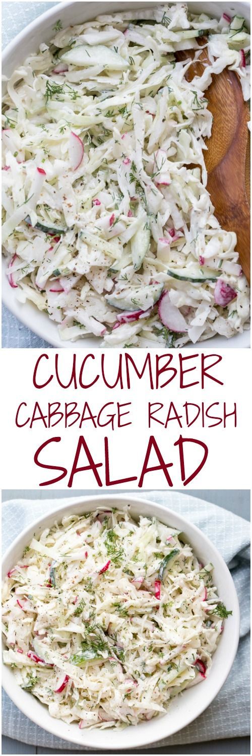 cabbage salad in a large white bowl with the words cucumber cabbage radish salad