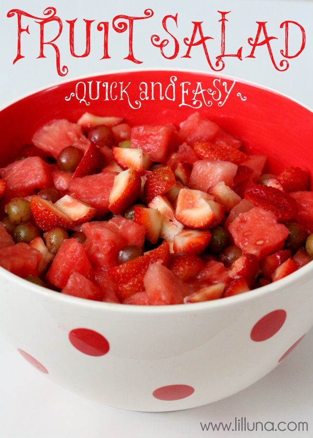 fruit salad in a polka dot bowl with text overlay