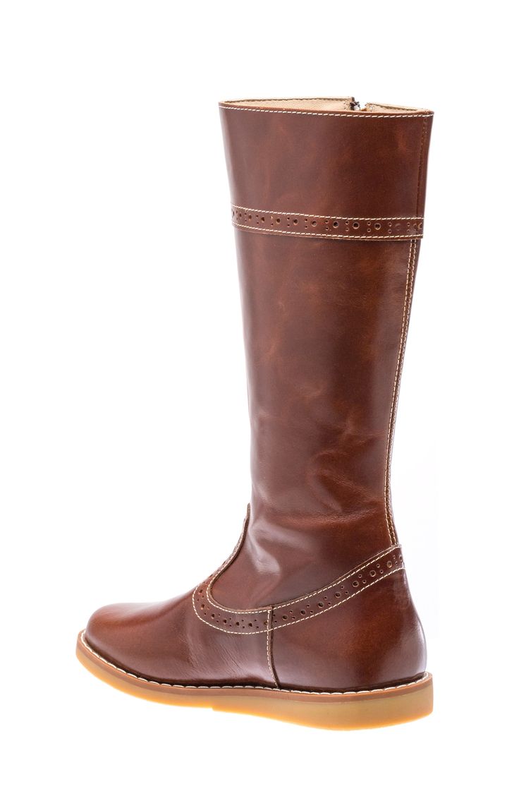 This leather riding boot with classic brogue detailing is designed with a well-cushioned footbed and a durable rubber sole. Side zip closure Cushioned footbed Leather upper and lining/rubber sole Made in Peru Kids' Shoes Brown Round Toe Riding Boots, Classic Riding Boots With Leather Sole, Riding Boots With Leather Sole And Medium Width, Classic Riding Boots With Leather Lining, Brown Riding Boots With Leather Footbed, Leather Riding Boots With Round Toe, Classic Walking Boots With Rubber Sole, Classic Wide Calf Boots With Leather Sole, Classic Knee-high Boots With Leather Lining