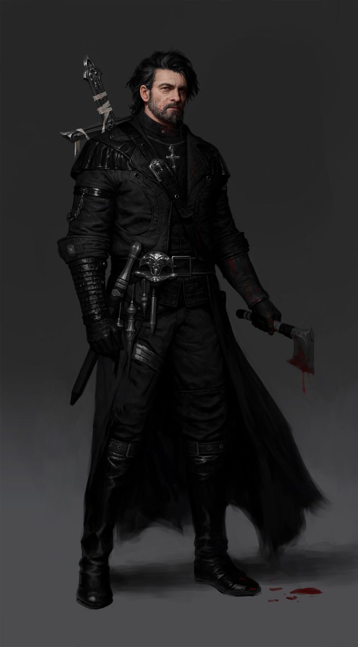 a man dressed in black holding a knife and wearing armor with blood on the floor