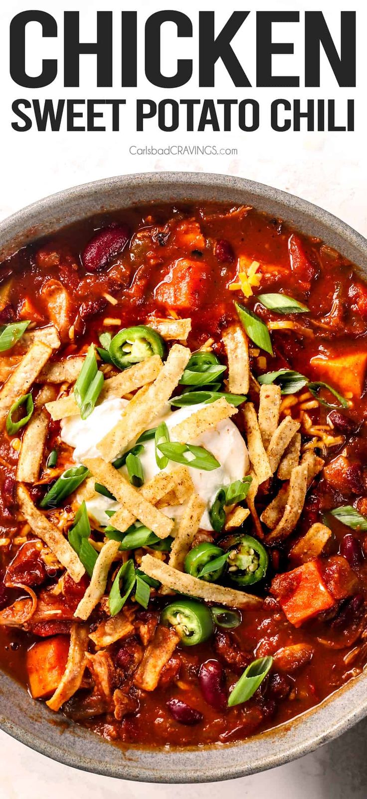 chicken sweet potato chili in a bowl with tortilla chips