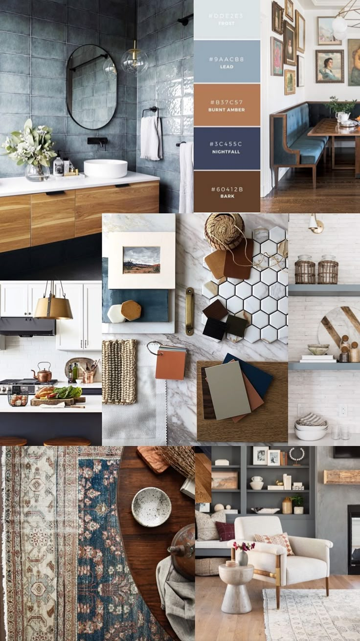 a collage of photos with different furniture and decor items in various colors, including rugs