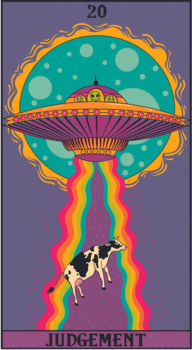 an image of a poster with a cow in front of a flying saucer on top of it