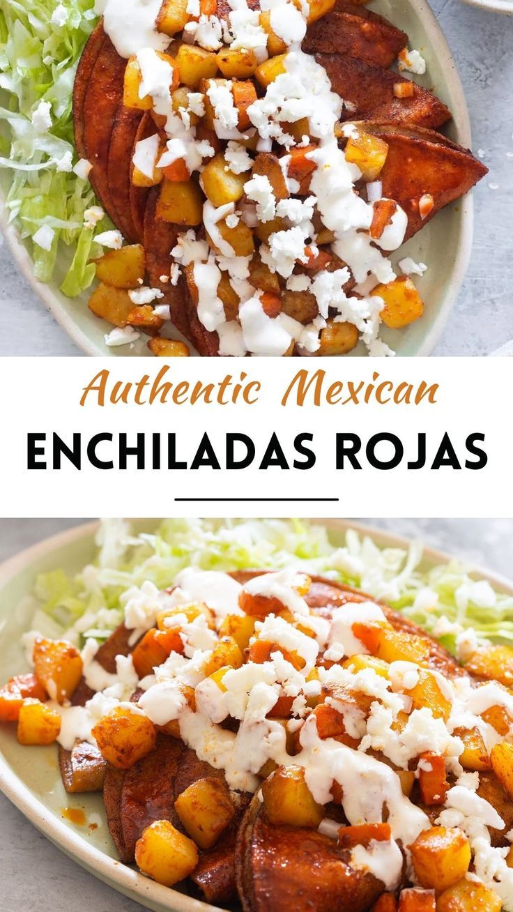 mexican enchiladas with lettuce and cheese on top are shown in two separate plates