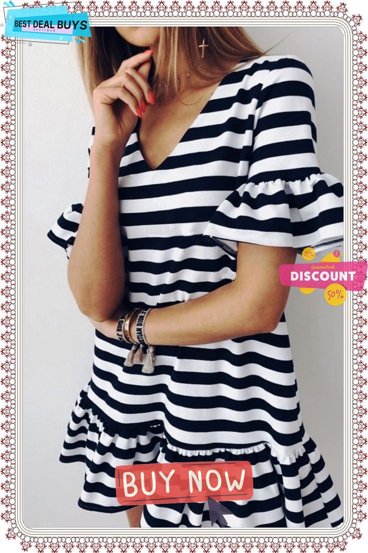 Ladies Fashion V-neck Striped Dress Chic V-neck Short Sleeve Dress For Vacation, Chic V-neck Dress For Date Night, Trendy V-neck Mini Dress For Summer, Chic A-line V-neck Dress For Summer, Striped V-neck Mini Dress For Work, Chic Short Sleeve V-neck Dress For Brunch, Elegant V-neck Dress For Day Out, Chic A-line V-neck Dress For Brunch, Chic V-neck Midi Dress For Day Out