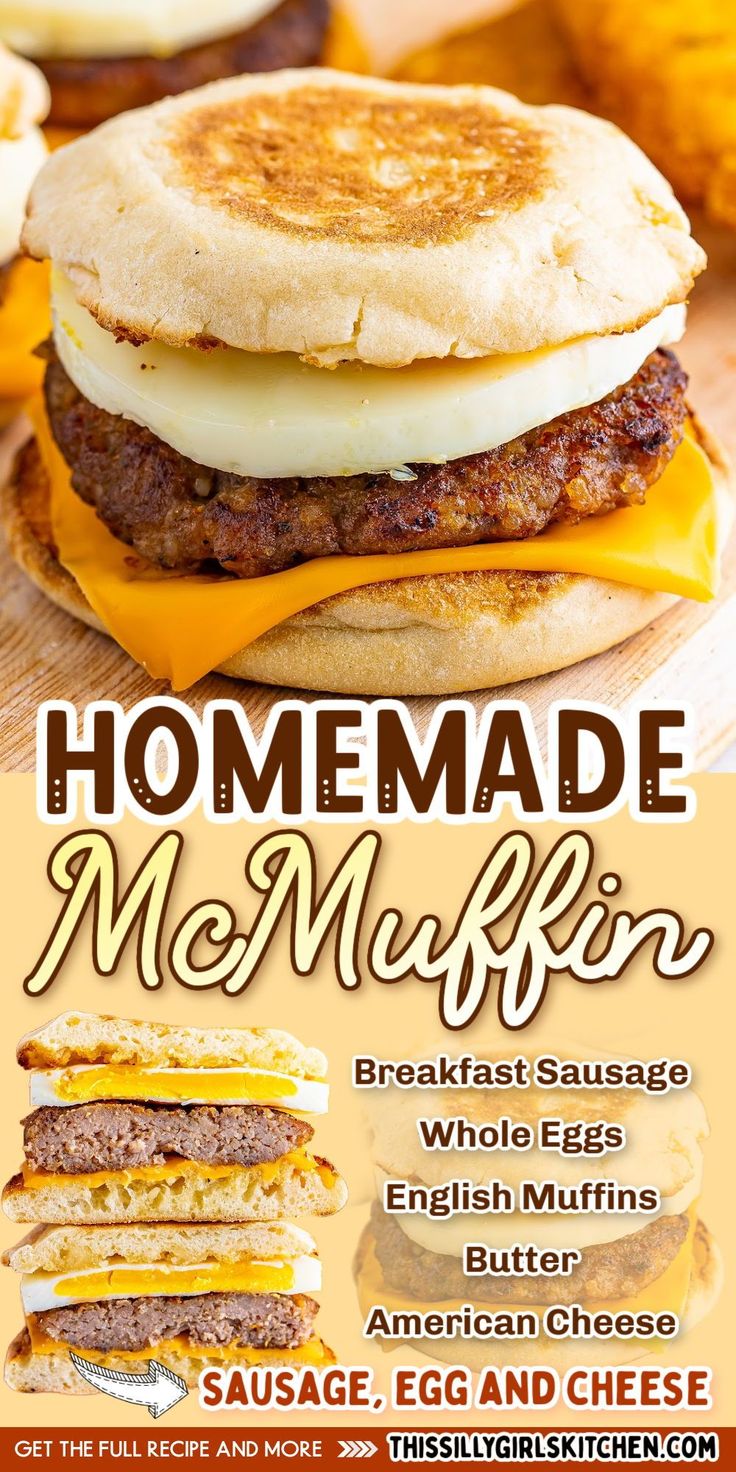 an advertisement for homemade mcmuffins with cheese and eggs on the bun,