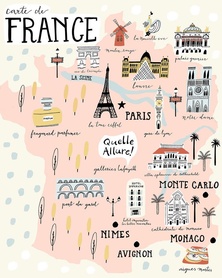 an illustrated map of france with all the major attractions