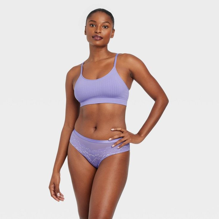 Upgrade your core collection of intimates with this Lace and Mesh Cheeky Underwear from Auden. This cheeky underwear is made from soft, stretchy jersey fabric that will keep you feeling great as you go about your day, and the elastic at the leg openings and full-elastic waistband allow for easy, flexible movement. With a regular-rise fit, this pull-on underwear showcases delicate lace overlay with mesh detailing for a perfect touch of lovely detail. Auden™: Fit for you in every way. Stretch Bra With Soft Touch For Yoga, Soft Touch Stretch Bra For Yoga, Seamless Stretch Sports Bra For Loungewear, Stretch Seamless Sports Bra For Loungewear, Stretch Sports Bra With Soft Touch For Relaxation, Stretch Yoga Briefs, Purple Seamless Stretch Bra, Purple Stretch Seamless Bra, Solid Color T-back Intimate Top