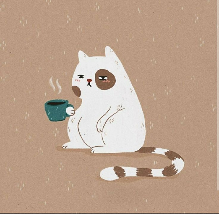 a white cat holding a cup of coffee