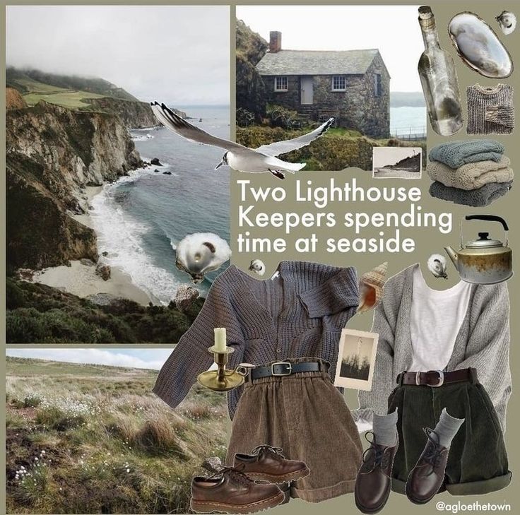 two lighthouse keepers spending time at seaside with seagulls flying over the ocean and houses