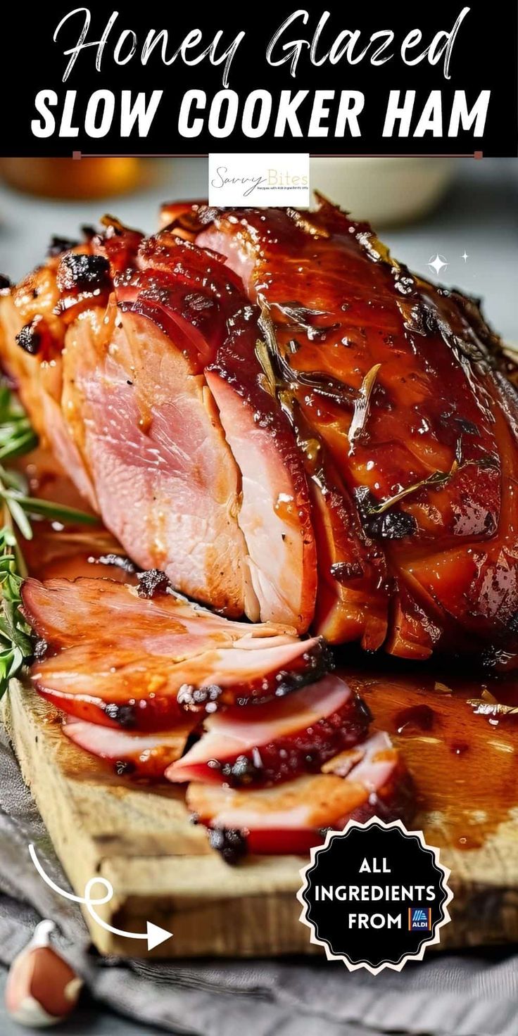 honey glazed slow cooke ham on a cutting board