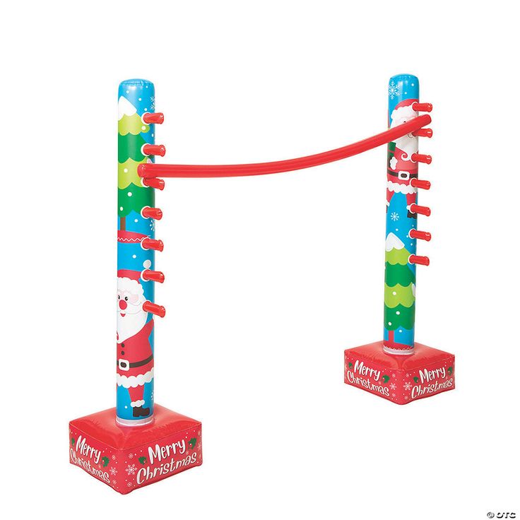 two christmas themed poles with santa clause on them and a red rope attached to one pole