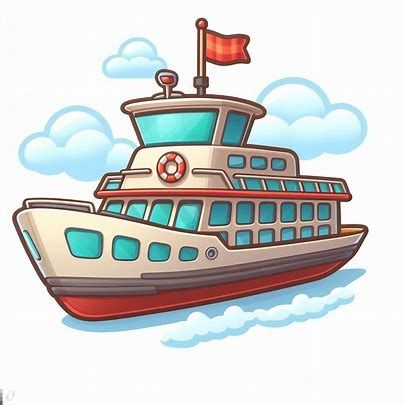 a cartoon boat floating in the water with a flag on it's top deck