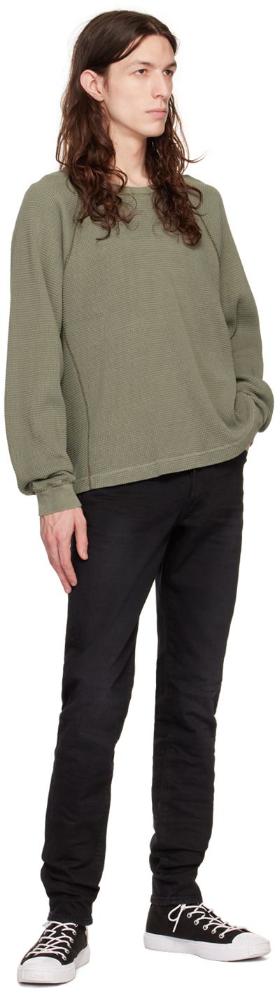 Waffle knit cotton sweatshirt. · Rib knit crewneck and cuffs · Raglan sleeves · Flatlock stitching Supplier color: Washed olive Thermal Hoodie, John Elliott, Hoodies Mens, Mens Khakis, Knit Sweatshirt, Knit Crewneck, Mens Activewear, Knit Cotton, Grey Sweatshirt