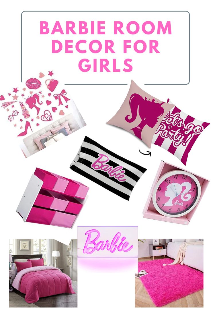 barbie bedroom decor for girls with pink and black accents on the walls, bedding and accessories