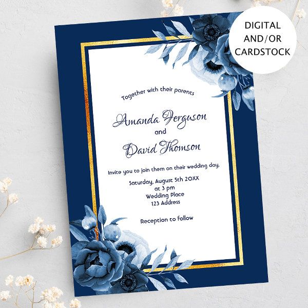 a wedding card with blue flowers on it