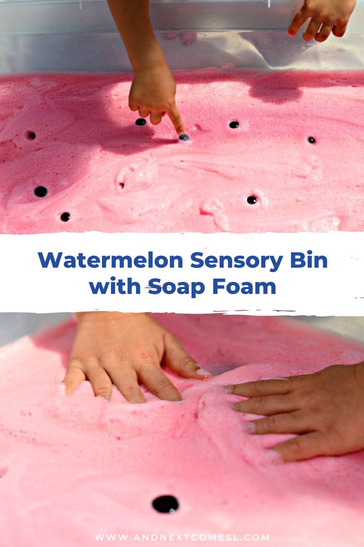 two images showing how to make watermelon soap with soap foam and hand prints