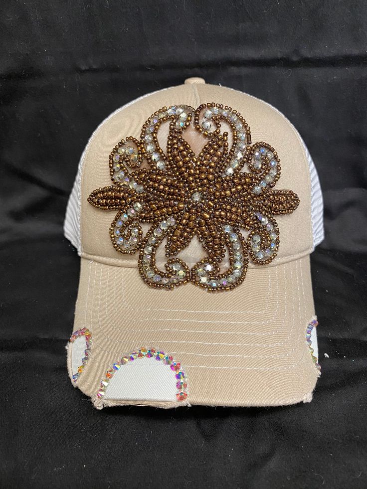 Beige & White Rhinestone Trucker Hat  One Size Fits Most  Adjustable Adjustable Baseball Cap With Bling, Adjustable Rhinestone Cap, Gold Adjustable Hats With Rhinestones, Adjustable Gold Hat With Rhinestones, Embellished Adjustable Hat With Curved Brim, Rhinestone Baseball Cap, Burned Hats, Craft Board, White Rhinestone