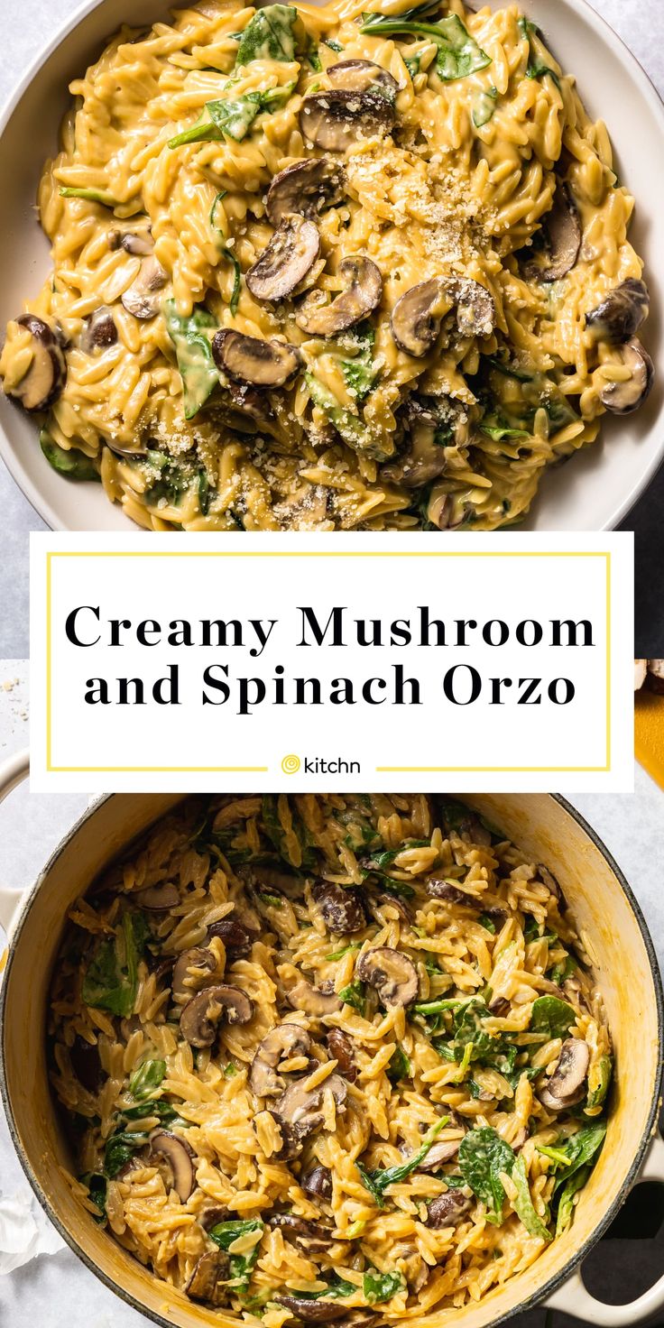 creamy mushroom and spinach orzo in a skillet with the title above it