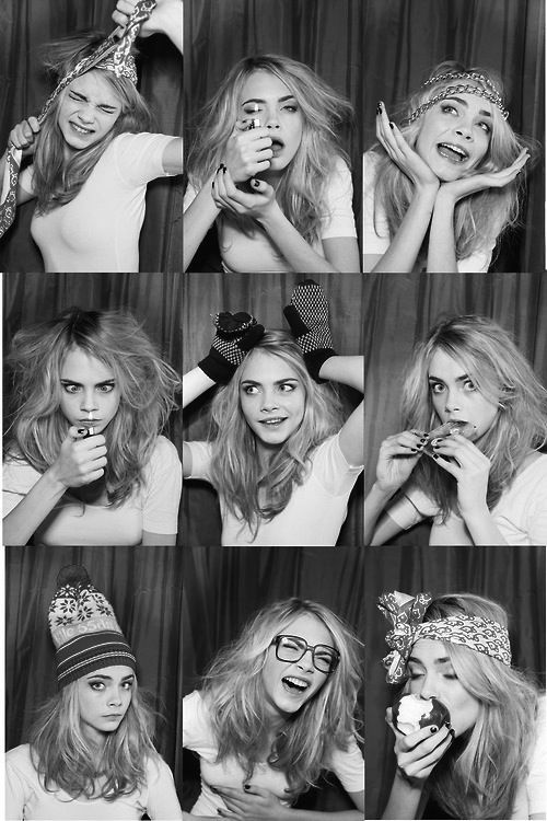 black and white photograph of woman in various poses with headbands on her head