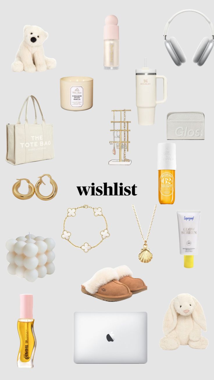 a bunch of items that are sitting on a table with the words wishlist written above them