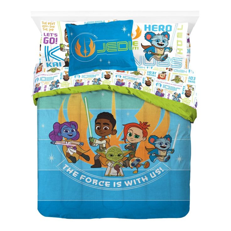 the force is with us bedding set in blue and green colors, featuring cartoon characters