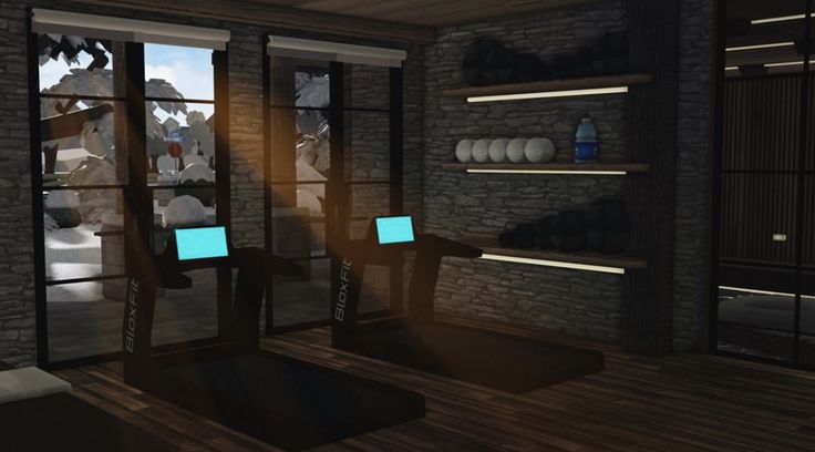 One Floor House Layout Bloxburg, Outside Bar Bloxburg, Bloxburg Dark Kitchen, Bloxburg Theatre Room, Gym Build Bloxburg, Movie Room Bloxburg Ideas, Bloxburg Fitness Room, Modern Office Design Bloxburg, Garage Idea Bloxburg