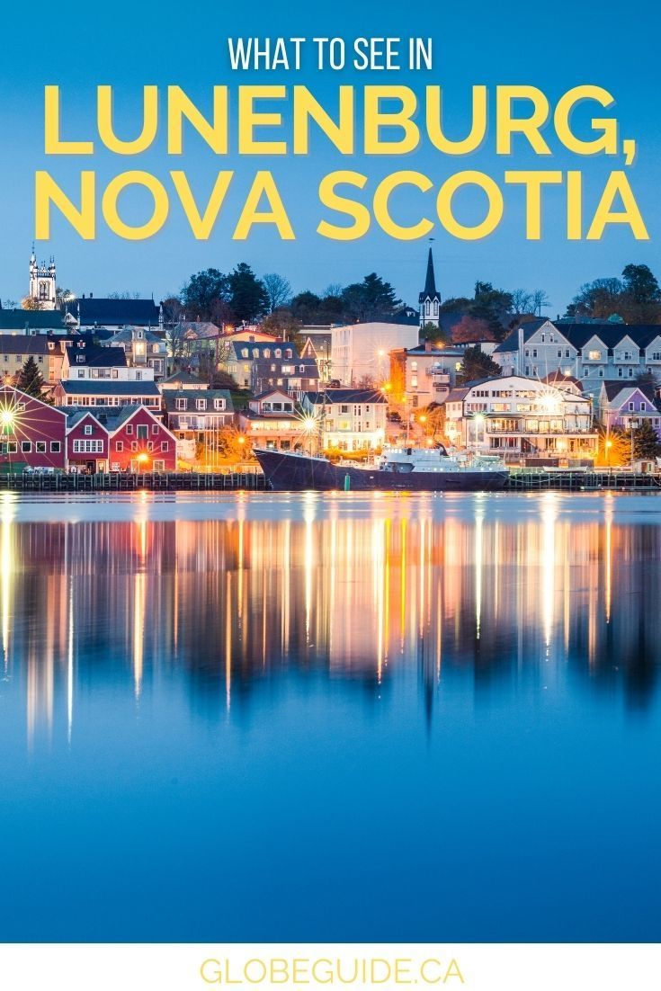 the town of lunenburg, norway at night with text overlaying it