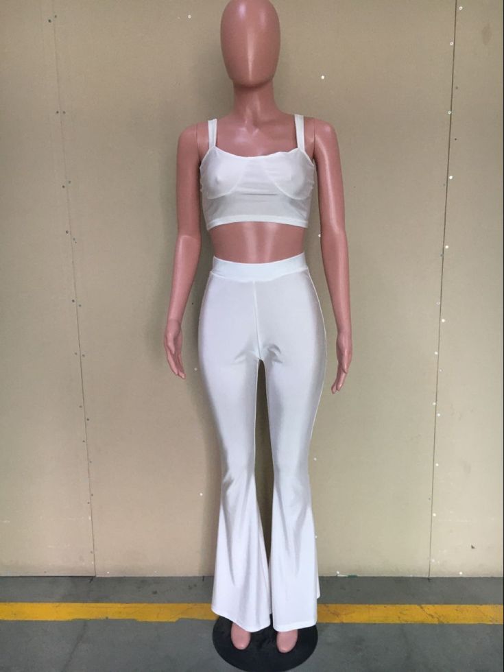 Sexy Crop Vest and Long Pants Two Pieces Set High Waist Solid Color Party Sets, Solid Color High Waist Party Sets, Casual White Bottoms For Club, Party Sets Solid Color High Waist, Chic Stretch Sets For Club, Chic White Bottoms For Club, High Waist Solid Color Club Pants, Stretch High Waist Sets For Summer, Solid High Waist Pants For Club