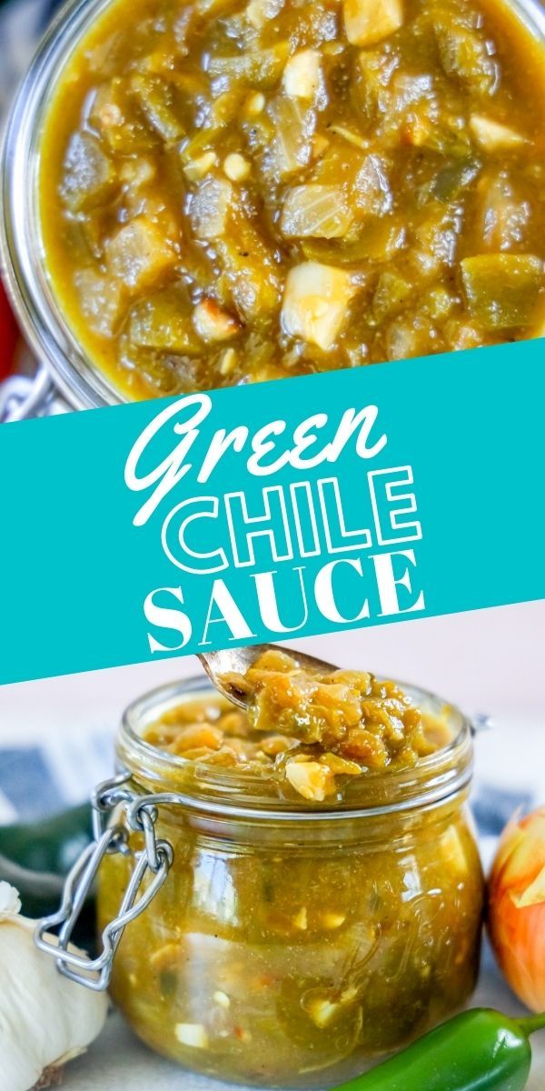 green chile sauce in a glass jar next to vegetables