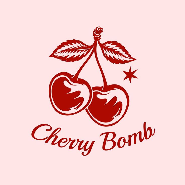 two cherries with leaves and the word cherry bomb on it, against a pink background