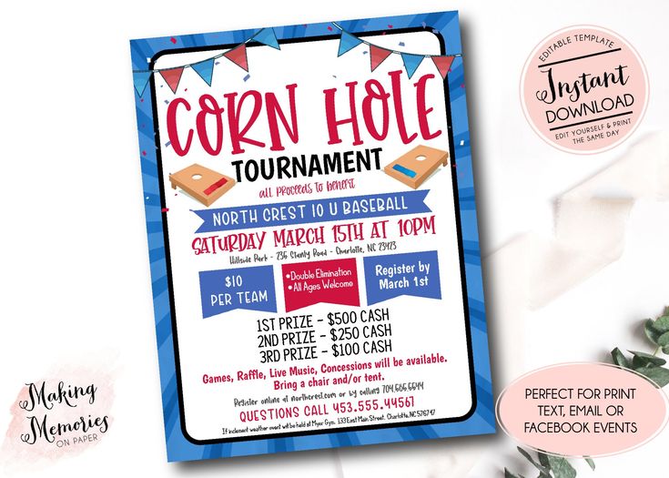 a blue and white flyer for a tournament with balloons, streamers and confetti