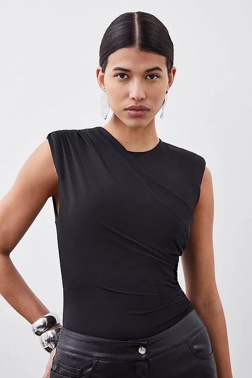 Silk Cotton Trailing Floral Puff Sleeve Midi Dress | Karen Millen Trendy Bodysuit For Workwear, Trendy Bodysuit For Date Night, Chic Solid Color Bodysuit For Night Out, Solid Stretch Bodysuit For Date Night, Trendy Fitted Bodysuit For Work, Chic Sleeveless Ruched Bodysuit, Chic Ruched Sleeveless Bodysuit, Sleek Stretch Bodysuit For Date Night, Chic Fitted Solid Color Bodysuit