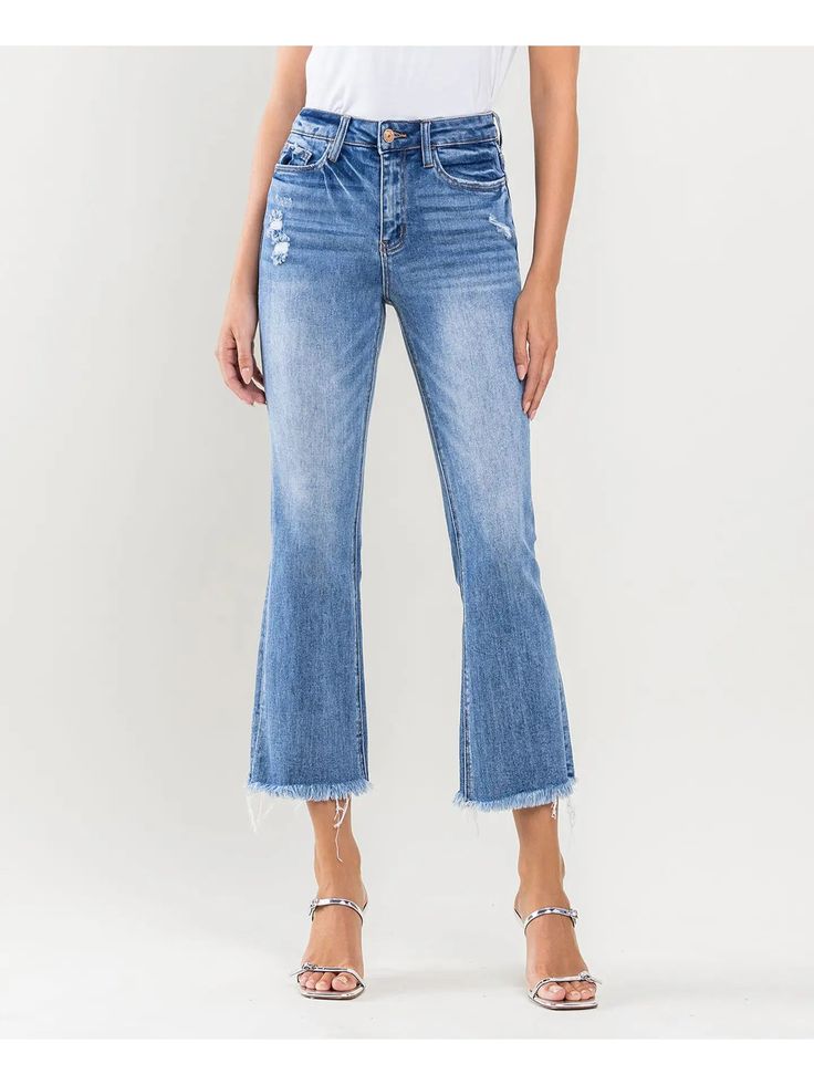 Step up your denim game with our High Rise Kick Flare Jeans. These jeans feature a high waist for a flattering fit and a playful kick flare at the bottom. Say goodbye to boring jeans and hello to stylish comfort! Flare Cropped Jeans With Five Pockets In Denim Blue, Flare Cropped Jeans With Five Pockets, Trendy High Rise Medium Wash Flares, Casual High Rise Flares In Medium Wash, Mid-rise Medium Wash Flares For Fall, Casual High Rise Medium Wash Flares, High Rise Denim Flares For Fall, Fall Mid-rise Flare Jeans With Frayed Hem, Trendy Medium Wash Flares With Five Pockets